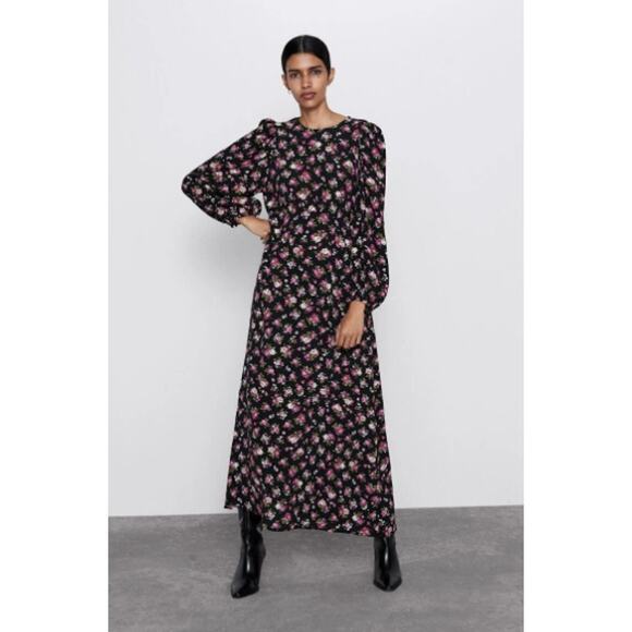 Zara Printed Long Sleeve Black Florals Midi Dress Size Small - Picture 2 of 15